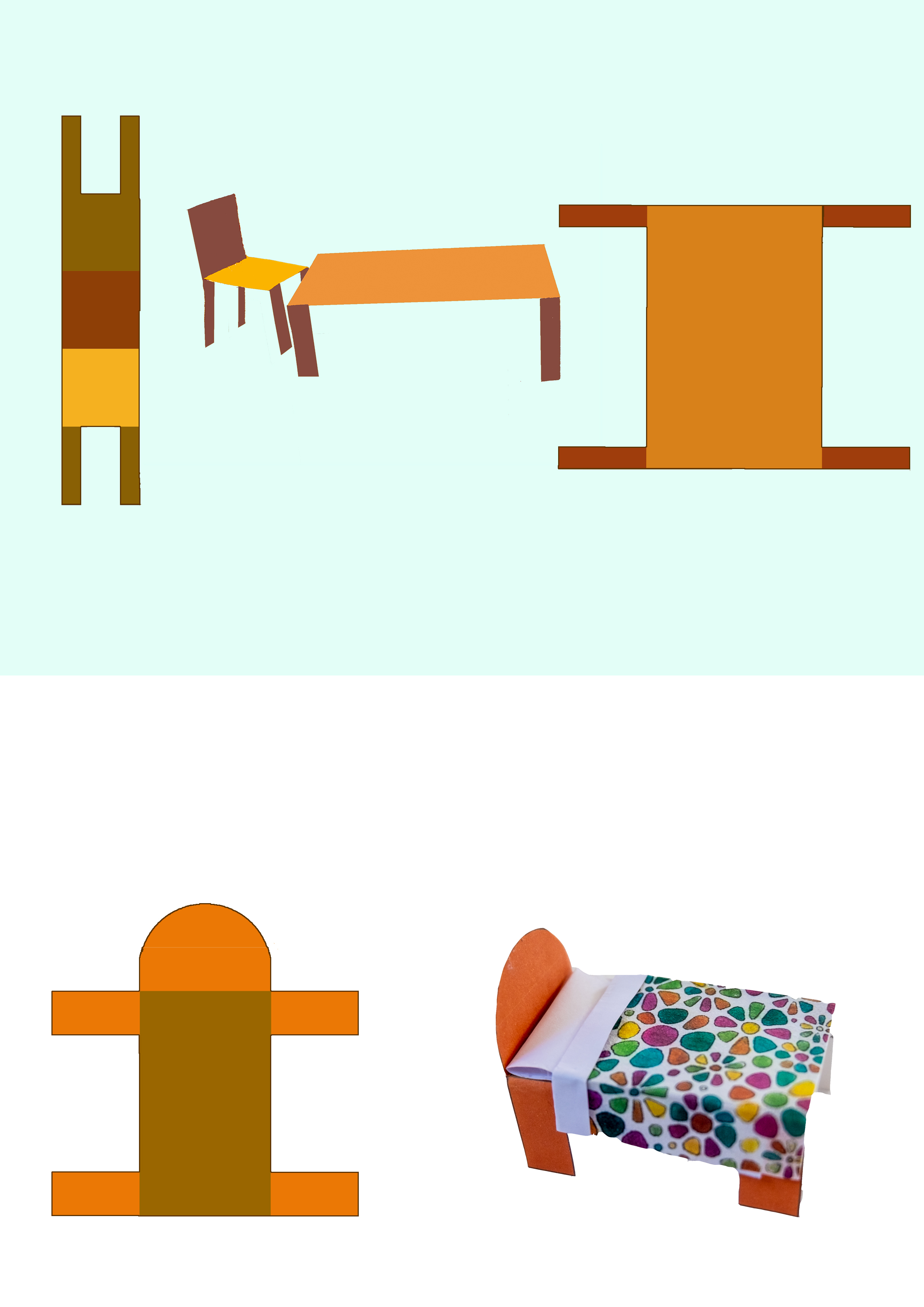 Furniture examples, use these shapes as templates to make a table, chair or bed