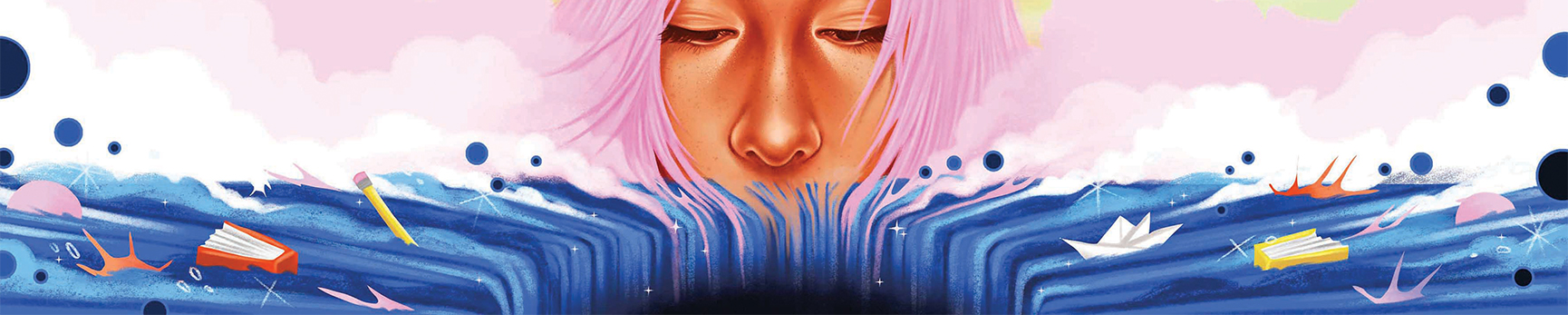 Young girl with pink hair melting into the deep blue sea – books, pencils, paper hats and molecule-like shapes, pastel pink clouds float on the water