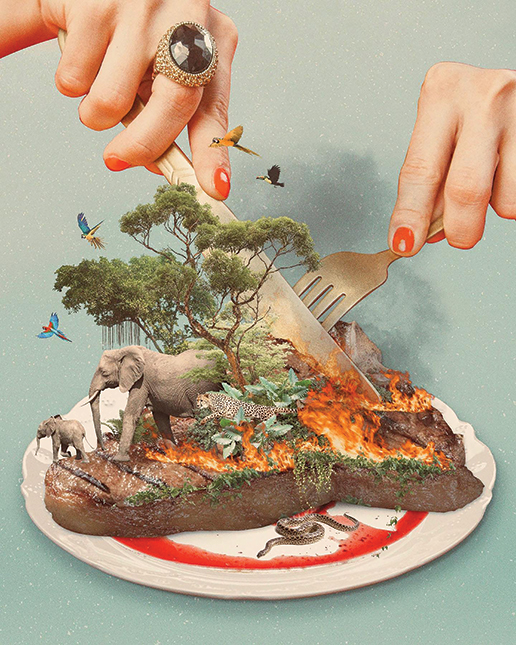 Illustration of a pair of hands cutting a steak on a plate with a knife and fork, on top of the steak sits a tree, with elephants, a cheetah and parrots fleeing from fire.