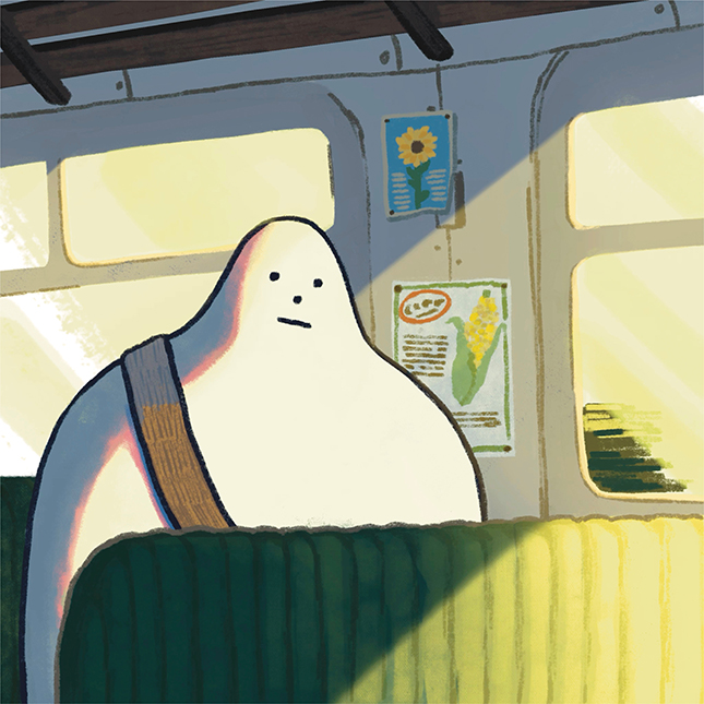 Minimalist illustration of a white human-like blob character with a blank expression, sitting on public transport, warm sunlight shines through the window onto the character.