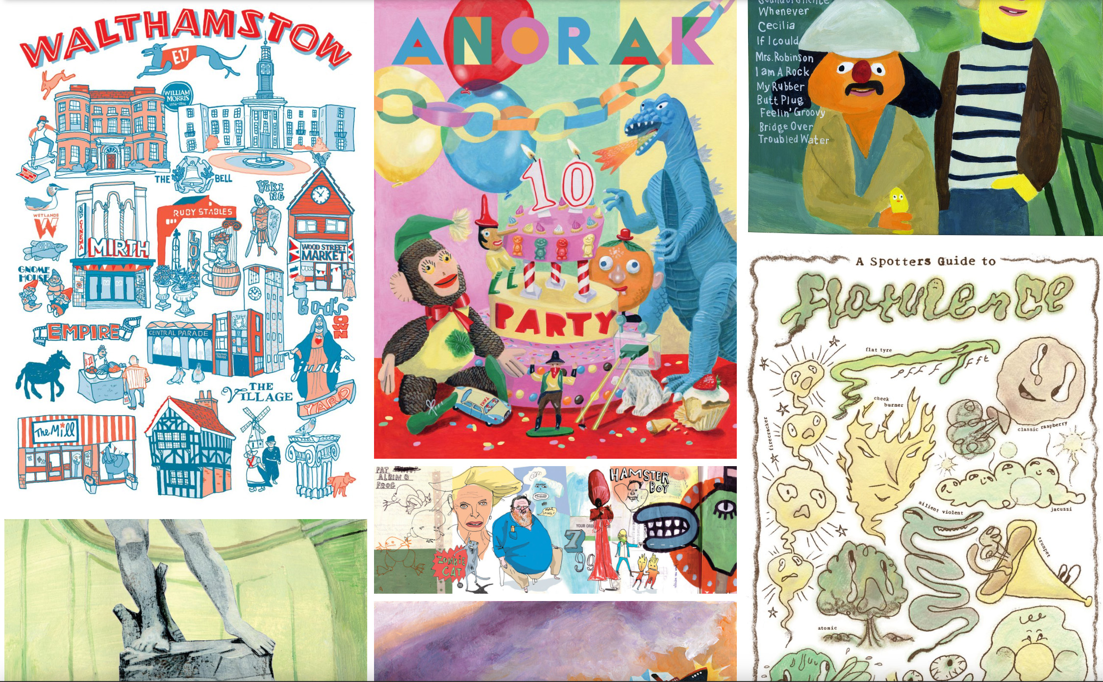 A group of 7 illustrations including a poster of illustrated buildings in Walthamstow, a brightly coloured children's party with children's toys gathered around a cake and a green illustrated poster design 'A Spotters Guide to Flatulence' by Adam Graff