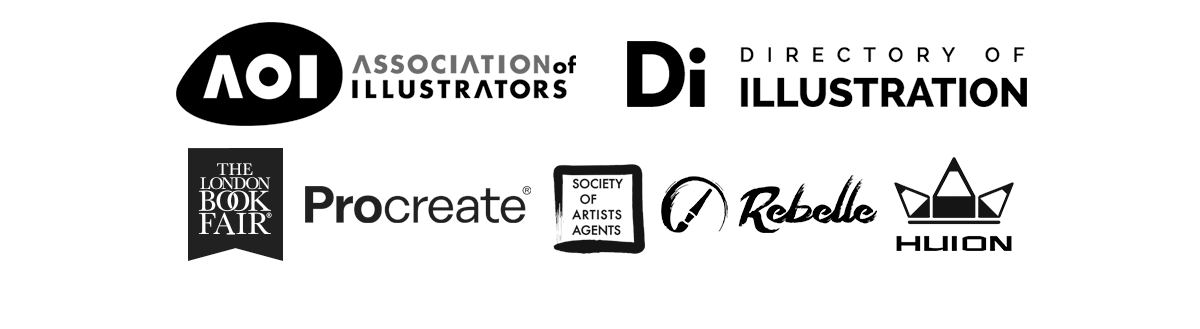 Black and white logos for Association of Illustrators, Directory of Illustration, The London Book Fair, Procreate, Society of Artists Agents, Rebelle and Huion