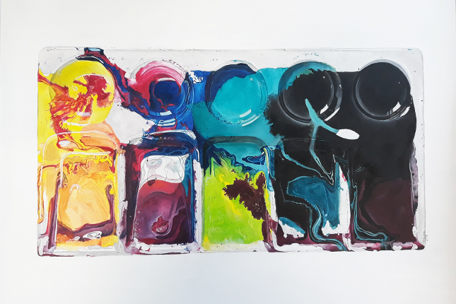 Oil painting depicting a palette covered in yellow, red, cyan, black and maroon colour paint.